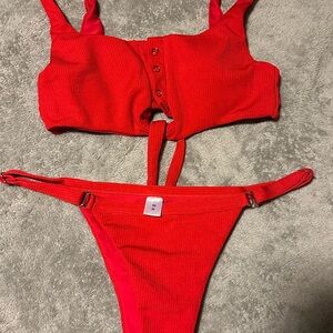 Red Ribbed Bikini Set